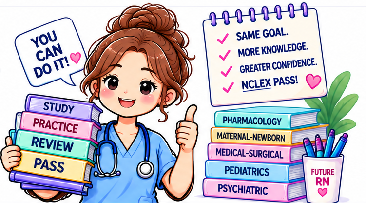 Cheerful nursing student giving a thumbs-up beside a stack of books labelled Study, Practice, Review and Pass, and a checklist reading 'Same goal. More knowledge. Greater confidence. NCLEX pass!'